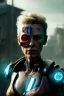 Placeholder: A portrait post-apocalypse cyborg CHARLIZE THYRON in a cyberpunk city, sci-fi fantasy style, 8k, volumetric lighting, particales,highly detailed,cinematic, deep scars on face,deep colours.