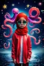 Placeholder: Little girl hijab indonesia clothing an octopus, red hair, octopus on head, long tall, falling comets, reflective sunglasses, heavy rain, outer space, shooting stars, dramatic light, laser beams, in the water, battlefield face made of dots, pointillism, with text addie digi, dotted multicolored shapes, symmetrical, digital art, hologram, virtual reality, digitized structure, ultra detailed, 3d render, trending on, by addiedigi