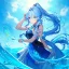 Placeholder: girl, masterpiece, best quality, volumetric lighting, dynamic pose, detailed outfit, perfect eyes, light blue hair, blue eyes, messy hair, long hair, hair in between the eyes, water magic, ponytail,