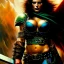 Placeholder: portrait oil on canvas, beautiful punk busty female Barbarian Warrior,green eyes, ,minimal armor,comic book cover, mystical colors,insanely detailed,realistic,intrincate detail, 16k resolution, masterpiece,Frank Frazetta,Alex Horley, Simon Bisley