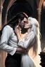 Placeholder: Strahd Von Zarovich being kissed by a beautiful woman with white hair, wearing an off the shoulder dress. Settling and background are a lavish toomb with an ebony coffin. Remove his beard.