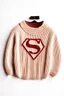 Placeholder: The Superman's Balenciaga sweater Winter elegant inspired by Superman's emblem design beige tones with dual color on a white background, product catalog photography, soft spot lighting, depth of field, 4k –ar 3:5 –q 2