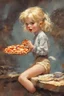 Placeholder: full color anime - a tiny little blonde girl in shorts and a turtleneck sweater eating a slice of pizza - digital art by Frank Frazetta