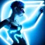 Placeholder: cyberpunk, body, woman, model, rendering, blue hair, electric circuits in backgound, lights, high contrast