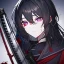 Placeholder: Clear focus, High resolution, rough line sketch art, long black hair, hair between eyes, fluffy hair, purple eyes, wearing a black and red sailor uniform, dark aura, mad, holding katana, bloody mess, glowing eye, looking down on viewer