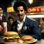 Placeholder: [photo from from Evil dead] Ray Santiago as Pablo Simon Bolivar aka El Cheffe, serving Deadites hamburgers in a fast food, the demonic food