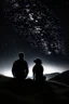 Placeholder: Black background on a mountaintop. A silhouette of a fit human man and a silhouette of a fit human woman sitting close to each other, looking at the stars. A large dog is in the photo behind the woman and the man.