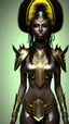 Placeholder: A woman has dark skin, yellow eyes and black dreads. Her face show her superiority in the eyes of others. She is dressed in a steel armor with a few pieces of yellow and green fabric sticking out.