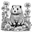 Placeholder: colorless marmot between seeds and big flowers black background .black and white colors. for a coloring. with grayscale