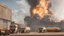 Placeholder: 8k photorealism: 6 trucks carrying fuel parked, laboratory warehouse burning and exploding in the background