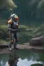 Placeholder: [Asimov's Foundation] A man in scifi outfit around a pond