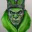 Placeholder: dungeons and dragons, fantasy, goblin, king, green skin, watercolour, large strokes, distinct face, portrait, head, crude crown