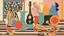 Placeholder: Still life composition with abstract shapes and vibrant colors, featuring objects such as a chair, a jug, and possibly a musical instrument on a patterned background