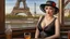 Placeholder: Russian prostitute 30 years old in a bar in Paris, in the window of the Eiffel Tower, brandy, sleeveless open dress, lace, 1917, public, 3d, 64k, high resolution, high detail, fine rendering, computer graphics, hyperrealism, f/16, 1 /300 s. digital painting,