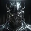 Placeholder: dark fantasy, angry looking, cyborg robot king. He is wearing a silver crown and a large headset, intricate details, insane details, volumetric lighting, ominous atmosphere, ominus lights, close up, spectral atmosphere, challenge viewer