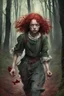 Placeholder: fourteen-year-old girl, green eyes, blood-red curls, dressed in rags, desperately fleeing through the forest