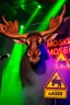 Placeholder: An big female moose with big eyes "Veronika Moser" performing at dance club, her name is "Moser" HAIRY FRUITS EVERYWERE On stage, Green Neon lights and smog, and "VERONIKA MOSER" big sign on the wall, "DU UND ICH UND MOSER" red plate sign, Yellow warning sign with moose