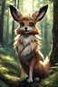 Placeholder: Very Female Anthro eevee in the forest. Realistic light. Realistic fur. Giant eyes. Laughing