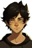 Placeholder: At teen male with messy black hair, gold eyes, large black cat ears, slight smile, dark skin