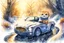Placeholder: Cute little happy cat scarecrow riding a luxury car, forest path background, winter, snowflakes swirling, waterfall, reflection, mist, sunrise, smooth intricate photorealistic hyperrealistic high definition beautiful lighting pencil sketch watercolor dramatic lighting storybook illustration polished Deep shadows deep color warm light shiny glitters
