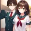 Placeholder: Clear focus, High resolution, short dark brown fluffy hair, green eyes, wearing a sailor uniform, red tie, yandere