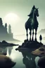 Placeholder: Draw me a lake with a mossy big stones in the desert in the distance background a giant statue on a horse of a hooded shadow of a scary creature