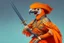 Placeholder: half parrot half human in a orange Dutch uniform with a katana having a sword fight against a skeleton