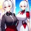 Placeholder: Clear focus, 8k, beautiful lighting, vibrant colors, girl, white hair, long hair, vibrant red eyes, ponytail, same twins, white hair, red eyes, same clothes,