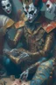 Placeholder: A harlequin character, playing cards with other people , sf, intricate artwork masterpiece, ominous, matte painting movie poster, golden ratio, trending on cgsociety, intricate, epic, trending on artstation, by artgerm, h. r. giger and beksinski, highly detailed, vibrant, production cinematic character render, ultra high quality model