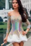 Placeholder: full body long shot of beautiful Tajik woman with make up ,high heels,pretty body shape ,standing nice high heels Tajik in street next to white house, hair in the wind, the gaze lost. diamonds and precious stones. fog. candy. pleasing rainbow colors to look at. high resolution. Perfect face. long shot ,sharp focus background ,camera :f/22 , White Hose be in sharp focus .