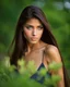 Placeholder: pretty18 year old girl with olive skin and long chocolate brown side swept hair. Blue eyes. bare shoulders,