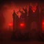 Placeholder: daemons waiting in front of fence, epic, dark, best quality, high resolution, nebel, hölle, shining red, dust, rain, dirt