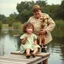Placeholder: Nostalgic vintage color photograph of a preconscious girl with curly hair blowing a pink bubblegum bubble while sitting on a small dock of a summertime pond, standing behind her is a hugely fat man dressed in a beige US generals uniform with a cornhusk hat, General is holding a giraffe stuffed animal