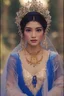 Placeholder: in the style of ALPHONSE MARIA MUCHA, beautiful thailand girl real life photo-shot, filigree detailed lady thailand costume, royal blue color for costume, headshot, close up, cinematic lighting, Environment Mountain,