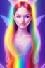 Placeholder: smiling girl, cute, beautiful, long hair, rainbows, fairy wings, light colors, bright