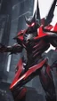 Placeholder: A close picture to Mix between transformers and venom symbiote in solo leveling shadow art style with red details detailsis in fantasy world