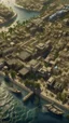 Placeholder: A top view of the Mesopotamian city by the river 5000 bc with stores and people are shopping and tower temple,surrealism of the dark of a nightmare ten miles high and six foot deep, hyper photorealistic, hyper detailed clear art color, high resolution, octane render, tilt shift, HDRI Environment, all pictures gray