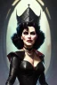 Placeholder: painting of evil queen in black leather, angry, strong, volouptous, busty, cleavage, emperious, mature, highly detailed, digital painting, artstation, concept art, smooth, sharp focus, illustration, art by gaston bussiere and alphonse mucha