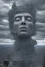 Placeholder: surrealis monochrome A fragmented, surreal sculpture liguid blue color of photorealistic image 3d,psychedelic art glossy emerging from devilish a crumbling empire state building. The face appear and intricate details, evoking a haunting expression. set against a backdrop of stormy, cloud-filled skies. bauhaus art The overall tone is dark blue and moody, suggesting themes of decay and transformation.