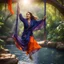 Placeholder: Hyper Realistic Photographic-Zoomed-View Of Young Beautiful Pashto Woman Wearing Navy-Blue-Dress-&-Purple-Shawl-With-Orange-Embroidery Happily Swinging on a Swing Above A Spring-Water inside a beautiful jungle with sun-rays showing dramatic & cinematic ambiance.