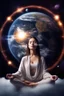 Placeholder: Beautiful meditating Woman connected with planets in the stunning lighting space and spirit in clouds and heaven behind her a big earth background
