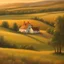 Placeholder: Produce an oil painting-style portrait of a serene countryside landscape during sunset. The scene should feature rolling hills, a winding river, and a quaint farmhouse bathed in warm, golden light. The painting should evoke a sense of tranquility and nostalgia with rich, textured brushstrokes.