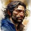 Placeholder: dnd, fantasy, watercolour, large strokes, stylistic, dull colors, portrait, illustration, male, face, weathered face, sly, violent, evil, vigorous, rogue, criminal