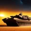 Placeholder: volumetric dramatic desert Battle scene with futuristic hovering military armored Hovercraft tank painted by chris foss,Laser turret, floating, 4k, 8k, [hovercraft] Minutiae, highly detailed, rivets, hovering, stripes, sunset duststorm, nimbus clouds