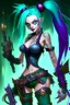 Placeholder: Jinx is a fictional character from the video game "League of Legends." She is typically depicted with long, blue hair and green eyes, and wears a stylish and revealing outfit that resembles a classic magicians' costume. Jinx is often armed with a variety of weapons such as swords, explosive devices, and sharp throwing stars which she uses to fight her enemies in battle. Her chaotic and unpredictable nature is reflected in her maniacal laughing and energetic movements.