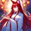 Placeholder: Clear focus, 8k, beautiful lighting, vibrant colors, fox girl, red hair, long hair, white eyes, miko, tail, smile,