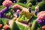 Placeholder: top view of a miniature flower farm scene with cute chibi anime gardener cats tending to the flower fields S<AI in sunshine, photorealistic, 3D, ethereal, cinematic postprocessing, bokeh, dof