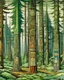 Placeholder: A green forest with giant trees designed in pacific Northwest totem poles painted by Albrecht Durer