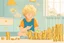 Placeholder: a curly-haired blond boy counts money and stacks gold coins in a modern nursery, in sunshine