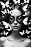 Placeholder: abstract a face of beautiful girl with a mask of white Butterflys flying away in black and white